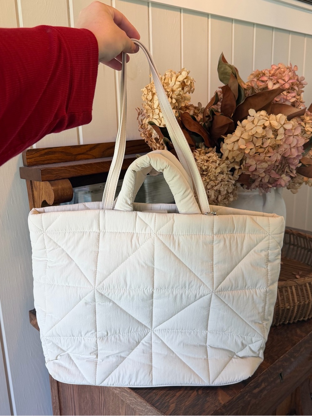 a new day Quilted Cream Tote Bag, 2 Length Handles, NWOT
